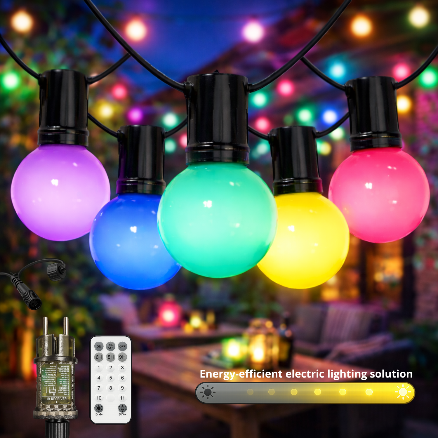 Guirnalda de 10 Bombillas 6,5M Exterior IP44 Cable Eléctrico RGBW