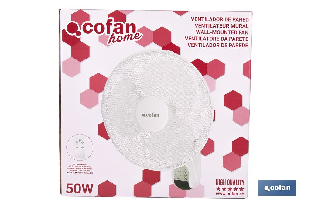 Ventilador de Pared Blanco ø40 cm — 50W 3 Velocidades Oscilación 80° Mando y Temporizador 7,5h