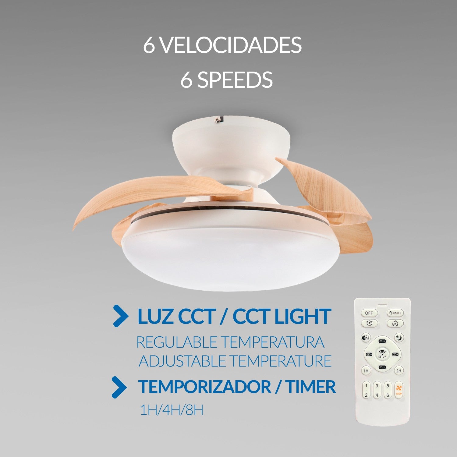 Ventilador de Techo LED Wood Mushroom DC ø72,5 cm — Motor DC Silencioso 6 Velocidades