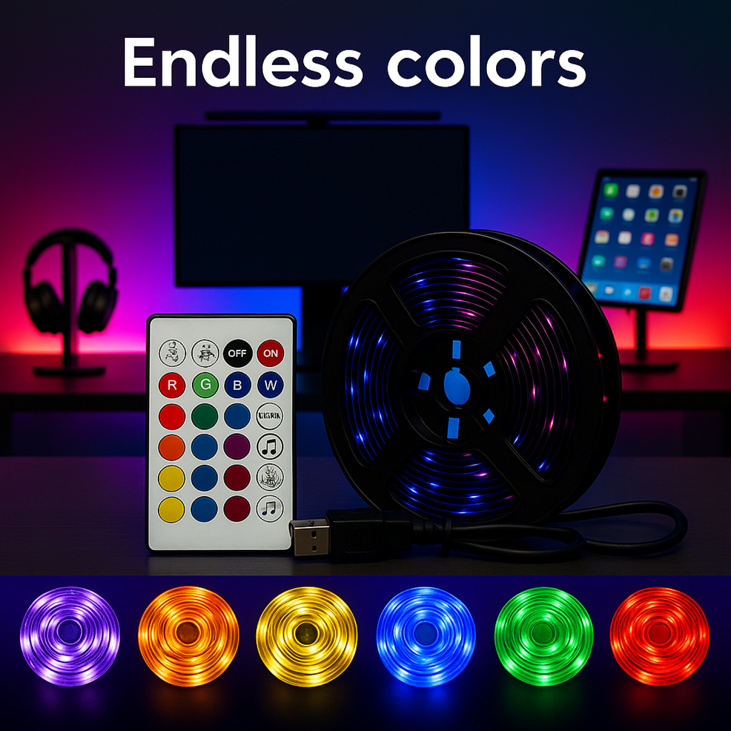Tira LED Gaming RGB USB 3m - Setup Escritorio PC Completo con App y Remoto