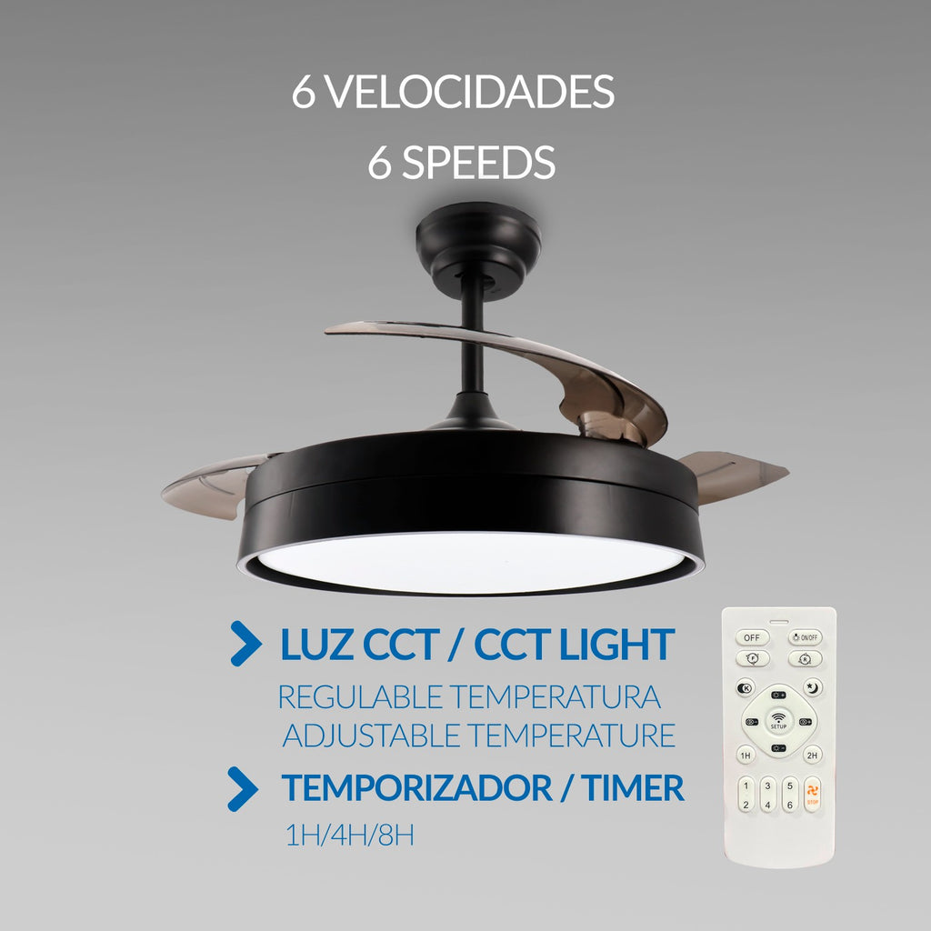 Ventilador de Techo LED Black Loki DC ø106 cm — Máximo Caudal 10.500 m³/h 6 Velocidades