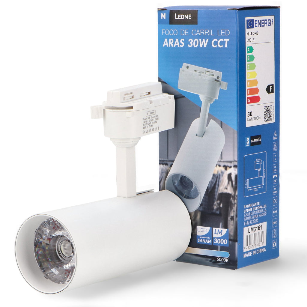 Foco LED Carril White Aras 30W - Iluminación Direccional 3CCT