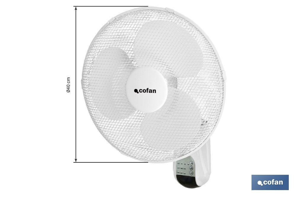 Ventilador de Pared Blanco ø40 cm — 50W 3 Velocidades Oscilación 80° Mando y Temporizador 7,5h