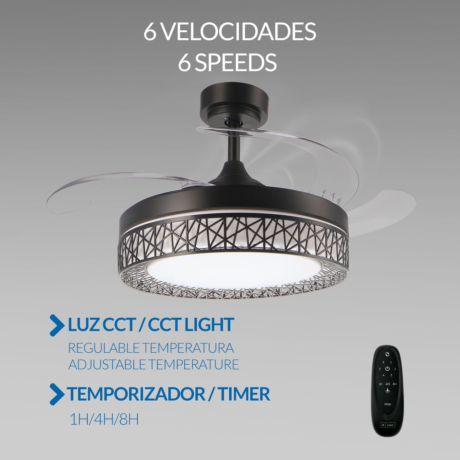 Ventilador de Techo LED Black Aqua DC ø107 cm — Diseño Calado Premium 6 Velocidades