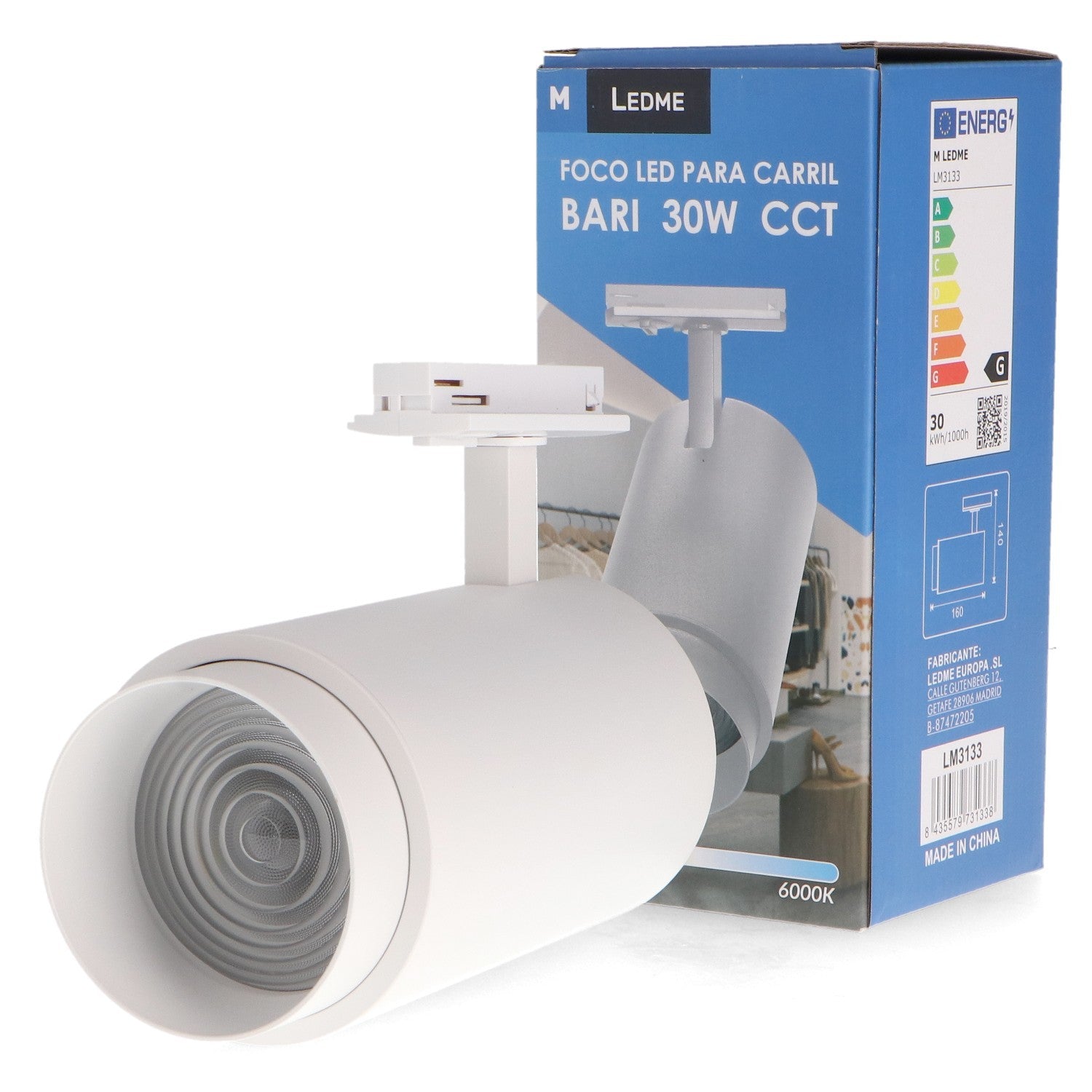 Foco Led Para Carril Bari 30W óptica Regulable Monofásico Cct