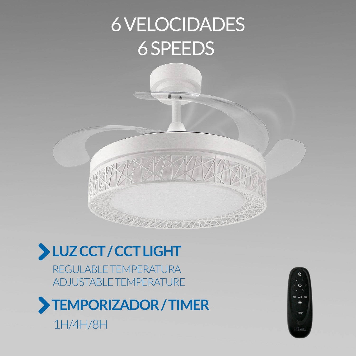 Ventilador de Techo LED White Aqua DC ø107 cm — Diseño Calado Premium 6 Velocidades