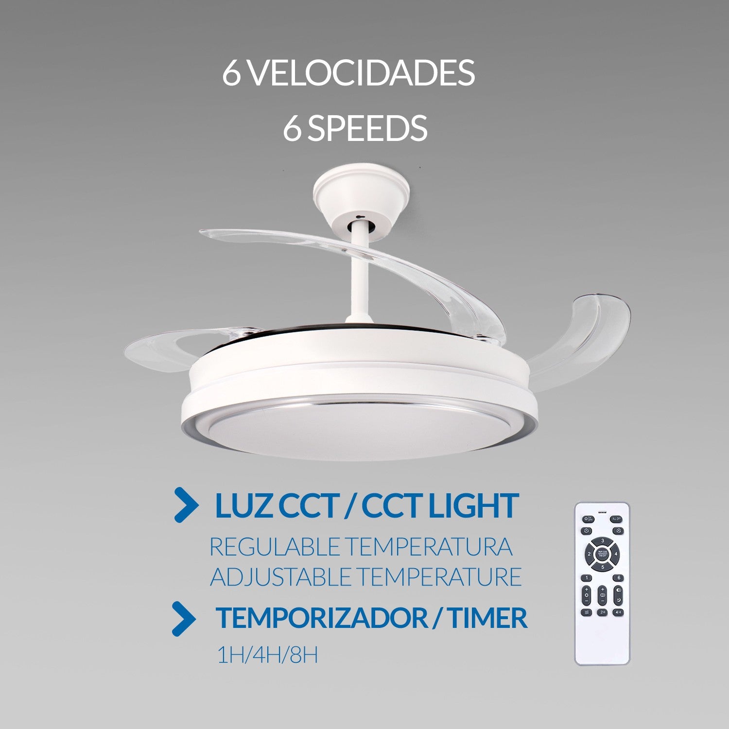 Ventilador de Techo LED White Hood DC ø105 cm — Motor DC Ultrasilencioso 6 Velocidades