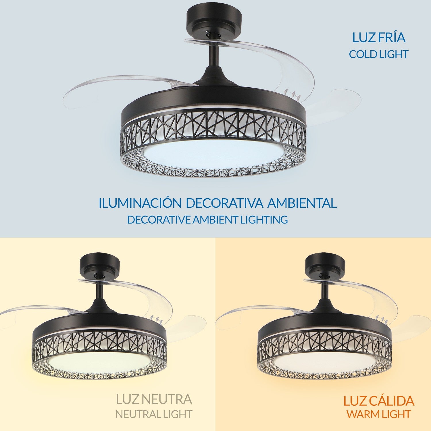 Ventilador de Techo LED Black Aqua DC ø107 cm — Diseño Calado Premium 6 Velocidades