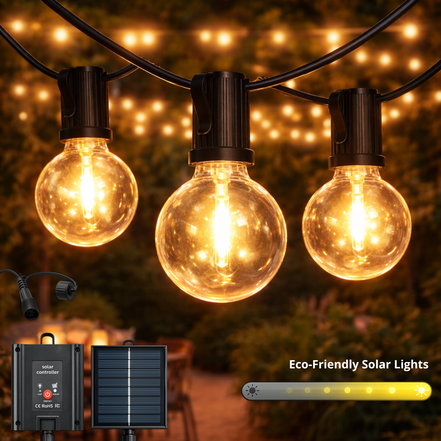 Guirnalda LED Solar 15 Bombillas Luz Cálida 7,5m | Exterior IP54