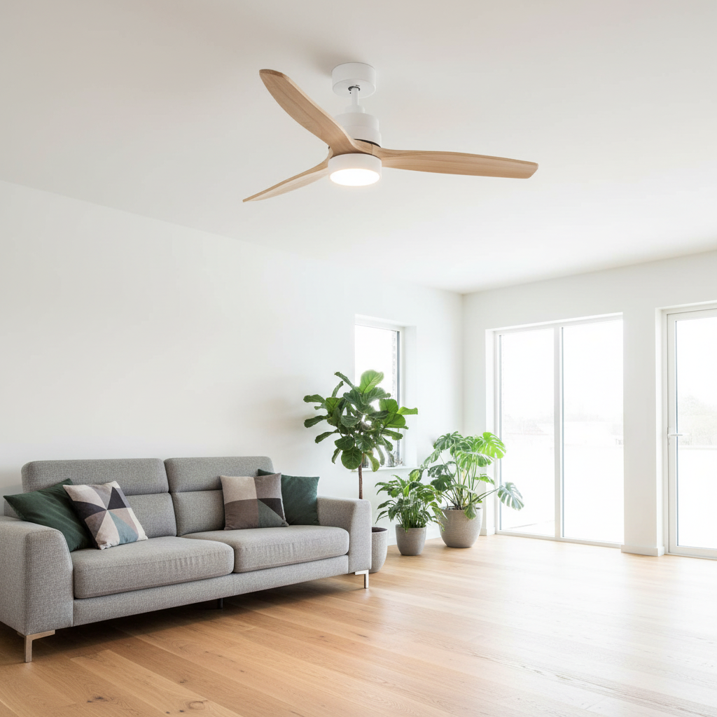 Ventilador de Techo LED White Crazy instalado en salón escandinavo con techos altos