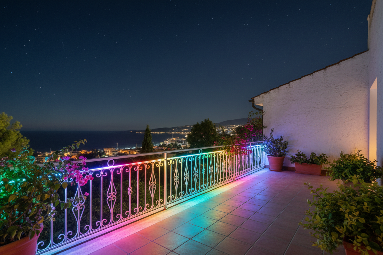 Tira LED RGB IP65 instalada en barandilla de terraza exterior de noche