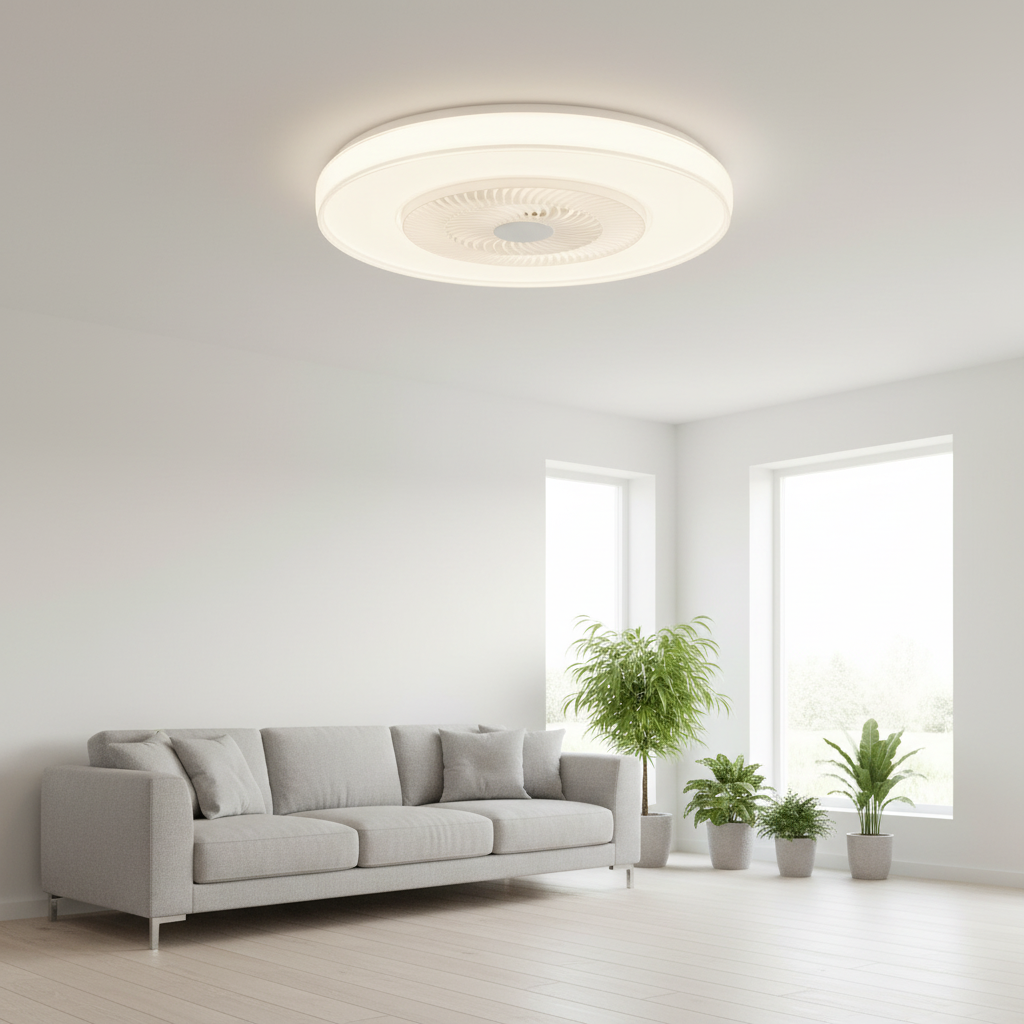 Ventilador de Techo LED Vera instalado en salón escandinavo luminoso