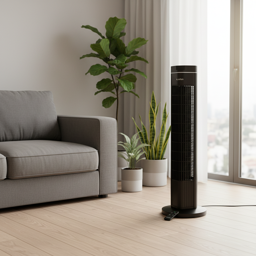 Ventilador de torre negro Cofan en rincón de salón moderno con suelo de madera