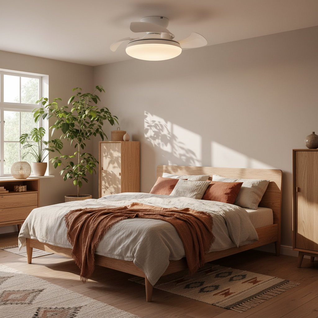 Ventilador de Techo LED Wood Mushroom instalado en dormitorio nórdico