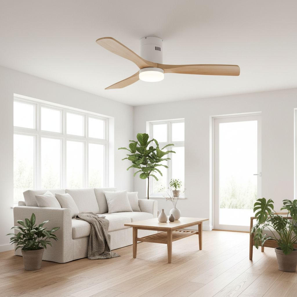 Ventilador de Techo LED White Energy MDF instalado en salón escandinavo con madera clara