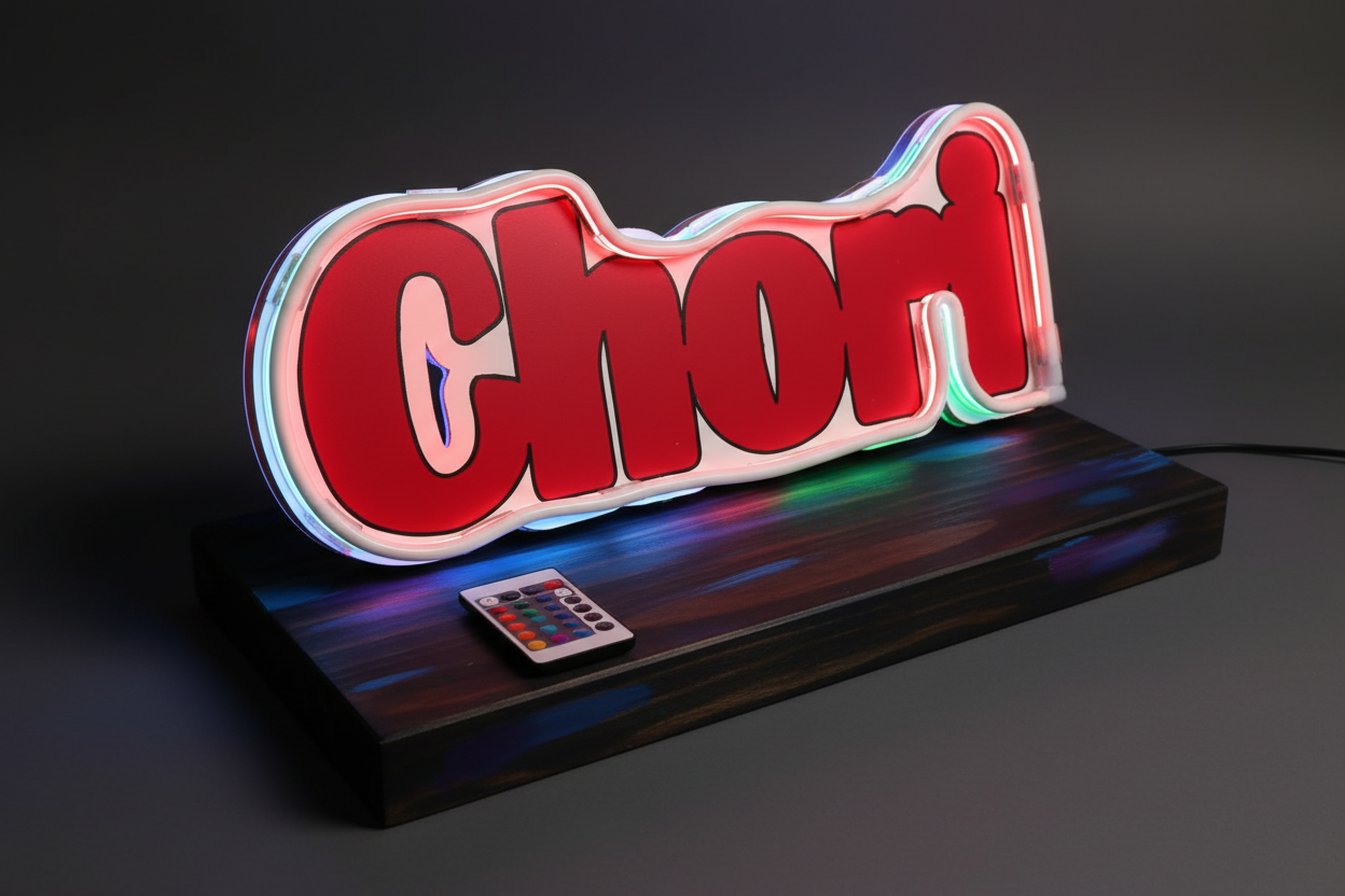 Neón LED personalizado con nombre Chori - base de madera, rotulación grabada, pintura acrílica y tira RGB con mando