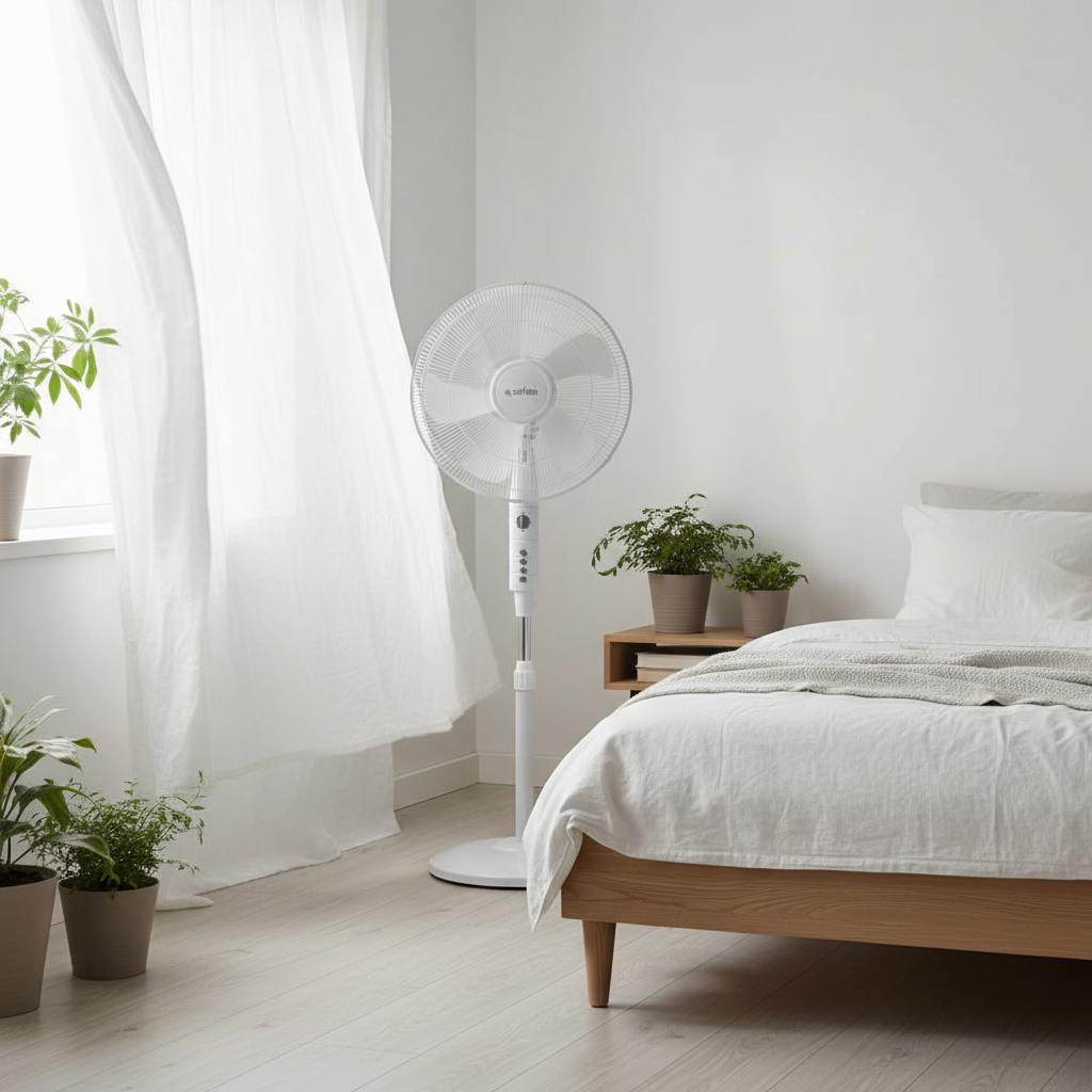 Ventilador de pie Ábrego blanco en dormitorio escandinavo luminoso con cortinas de lino