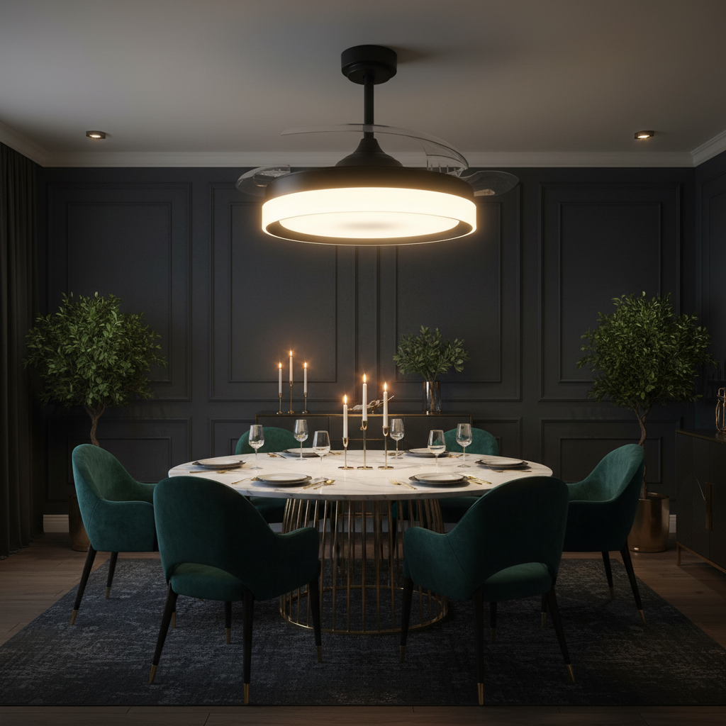 Ventilador de Techo LED Black Yeray instalado en comedor elegante oscuro con mesa de mármol