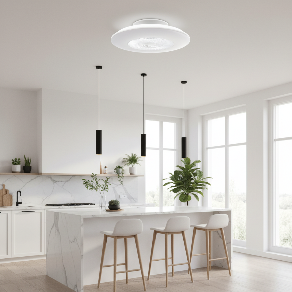 Ventilador de Techo LED Withline instalado en cocina-comedor moderna con isla de mármol