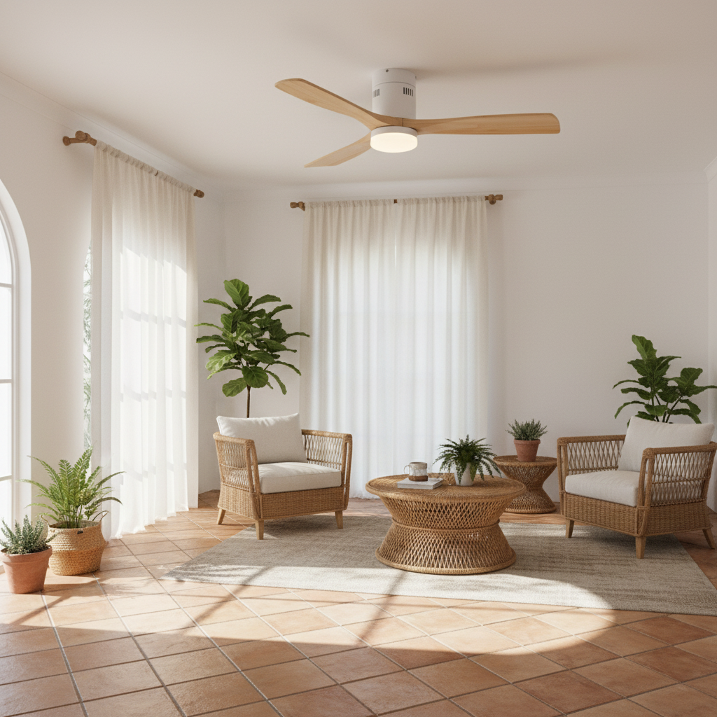 Ventilador de Techo LED White Energy instalado en salón mediterráneo luminoso con suelo terracota