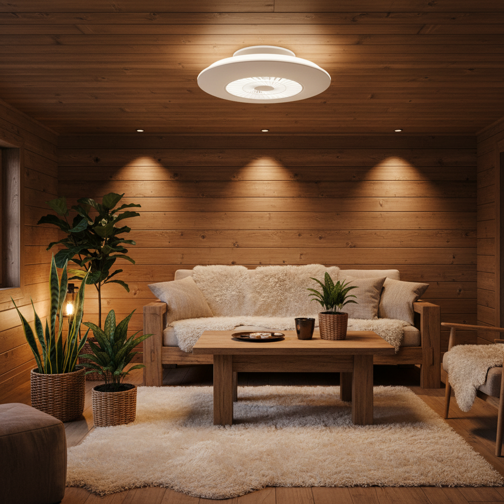 Ventilador de Techo LED Withline instalado en cabaña nórdica con techo de madera