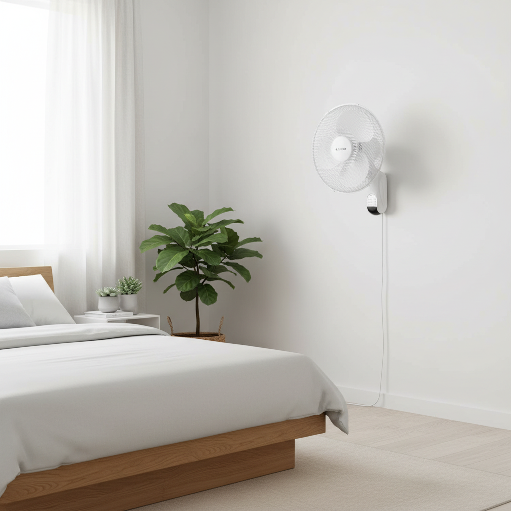 Ventilador de pared blanco instalado en dormitorio moderno luminoso