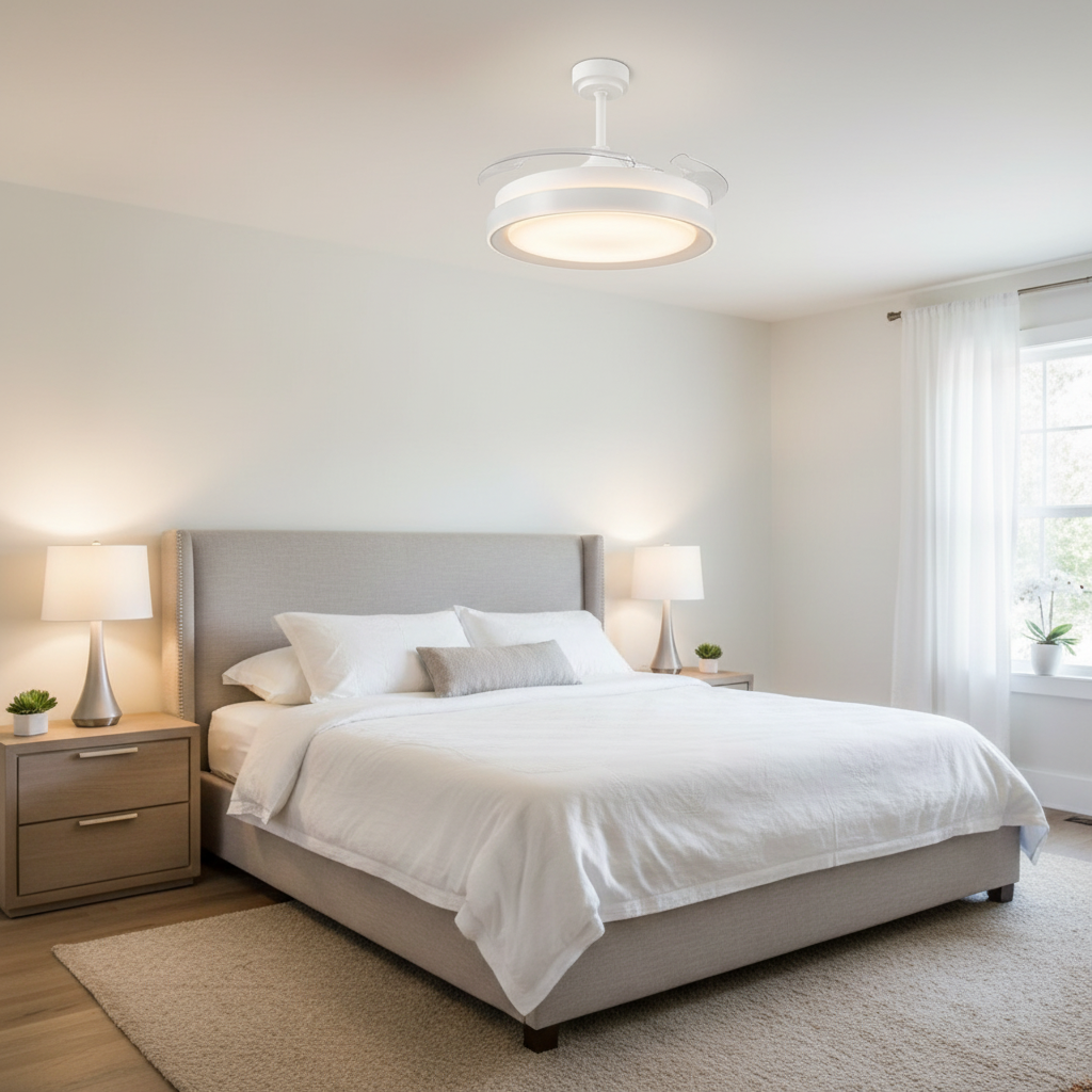 Ventilador de Techo LED White Yeray instalado en dormitorio principal elegante contemporáneo