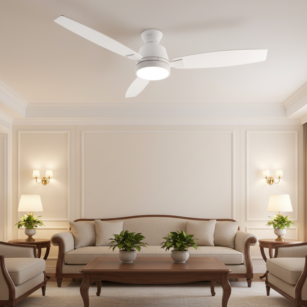 Ventilador de Techo LED White Bass instalado en salón clásico elegante con paredes crema
