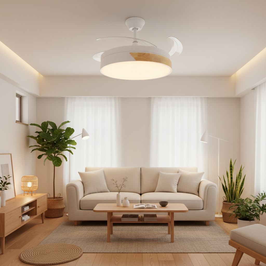 Ventilador de Techo LED Messe Nature instalado en salón estilo Japandi con madera natural
