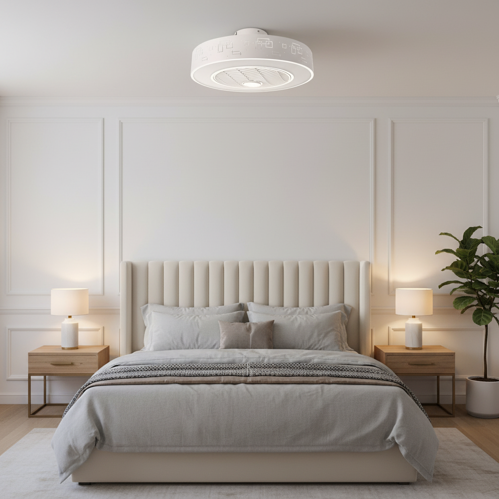Ventilador de Techo LED Plus Sticks CCT instalado en dormitorio moderno elegante