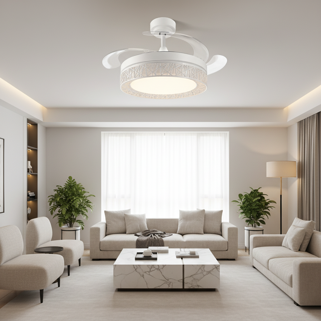 Ventilador de Techo LED White Aqua instalado en salón sofisticado de diseño contemporáneo