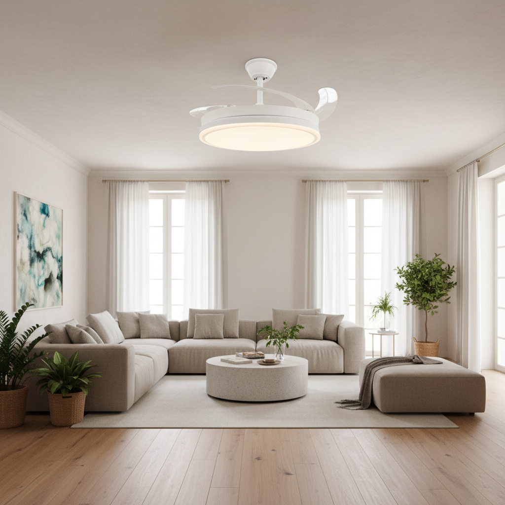 Ventilador de Techo LED White Olga instalado en salón espacioso contemporáneo