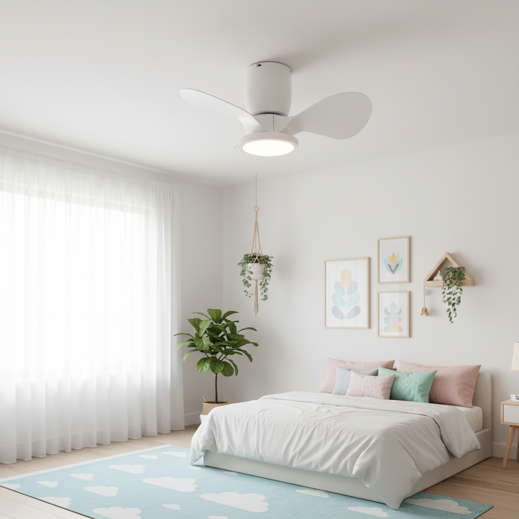Ventilador de Techo LED Nature instalado en dormitorio infantil acogedor con paredes blancas