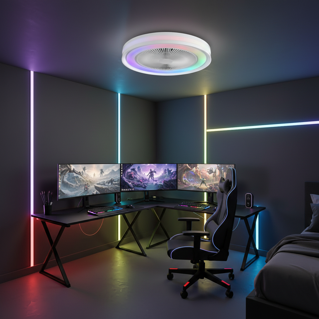 Ventilador de Techo LED Colours RGBIC instalado en habitación gaming juvenil con luces de ambiente