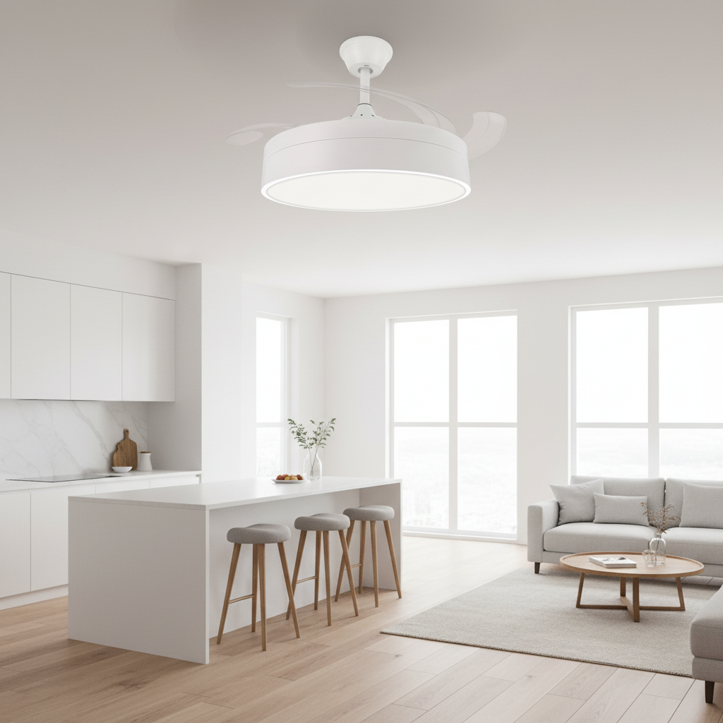 Ventilador de Techo LED Messe instalado en cocina salón abierto contemporáneo