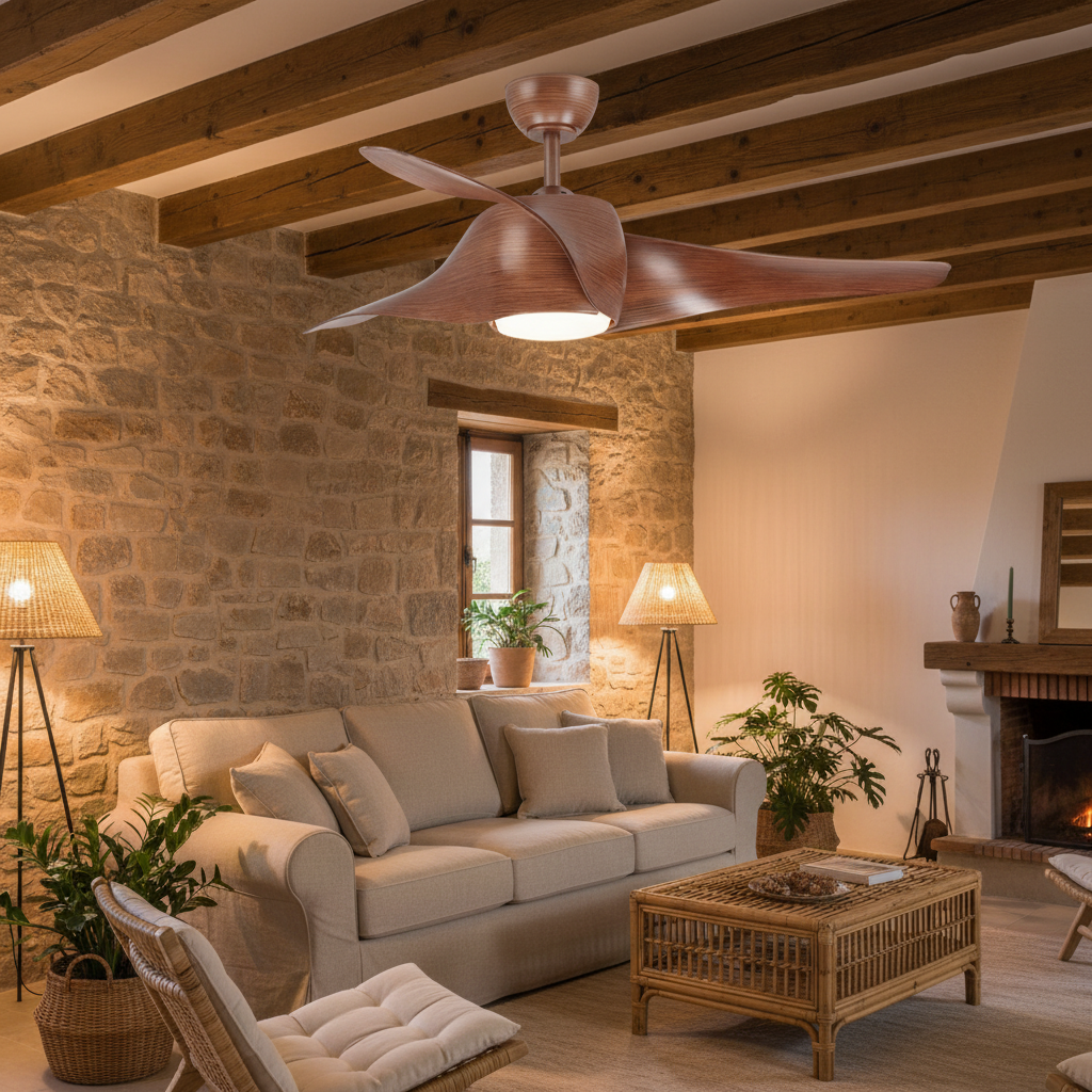 Ventilador de Techo LED Fanton Madera instalado en salón rústico mediterráneo con vigas de madera