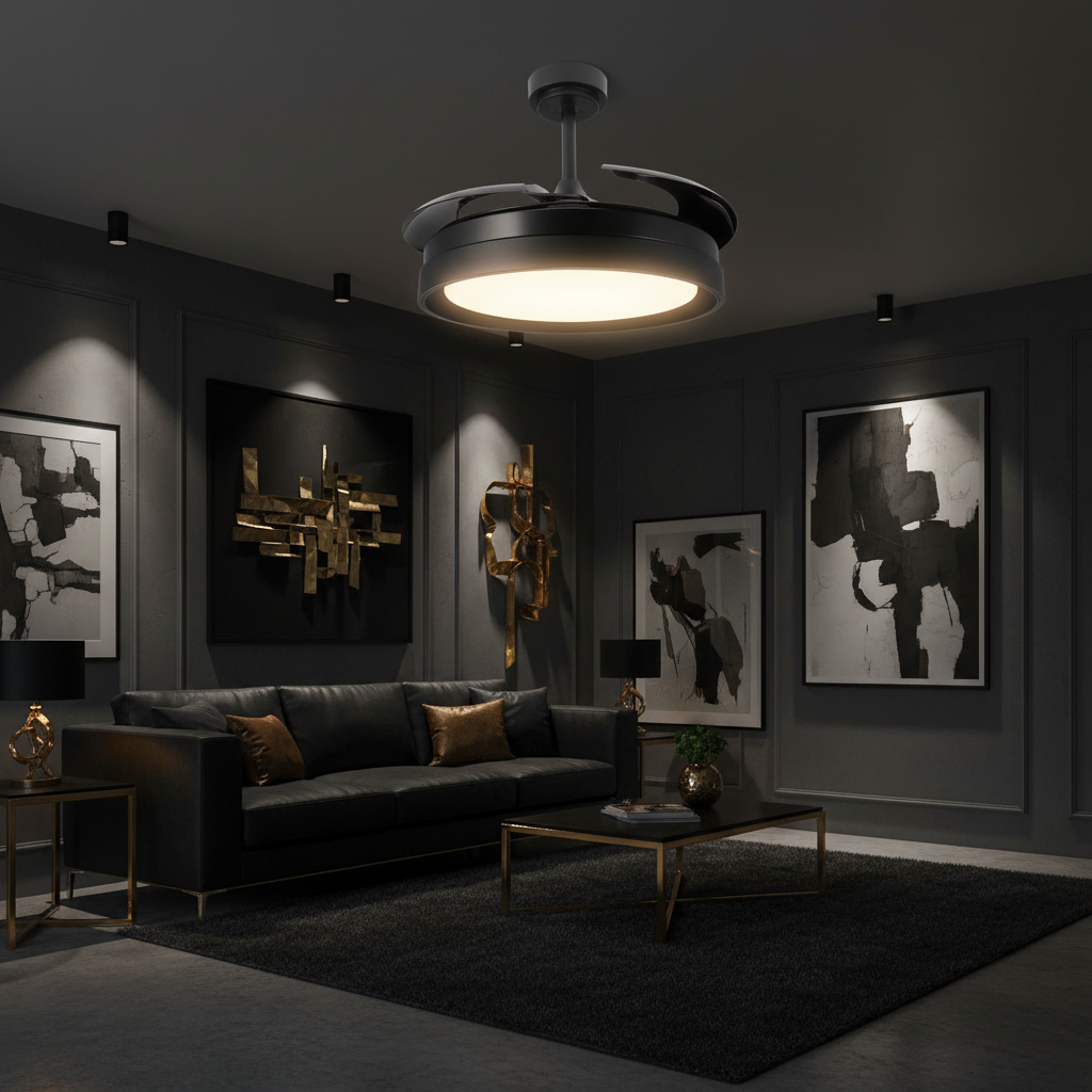 Ventilador de Techo LED Black II Yeray instalado en salón oscuro de lujo con detalles en latón