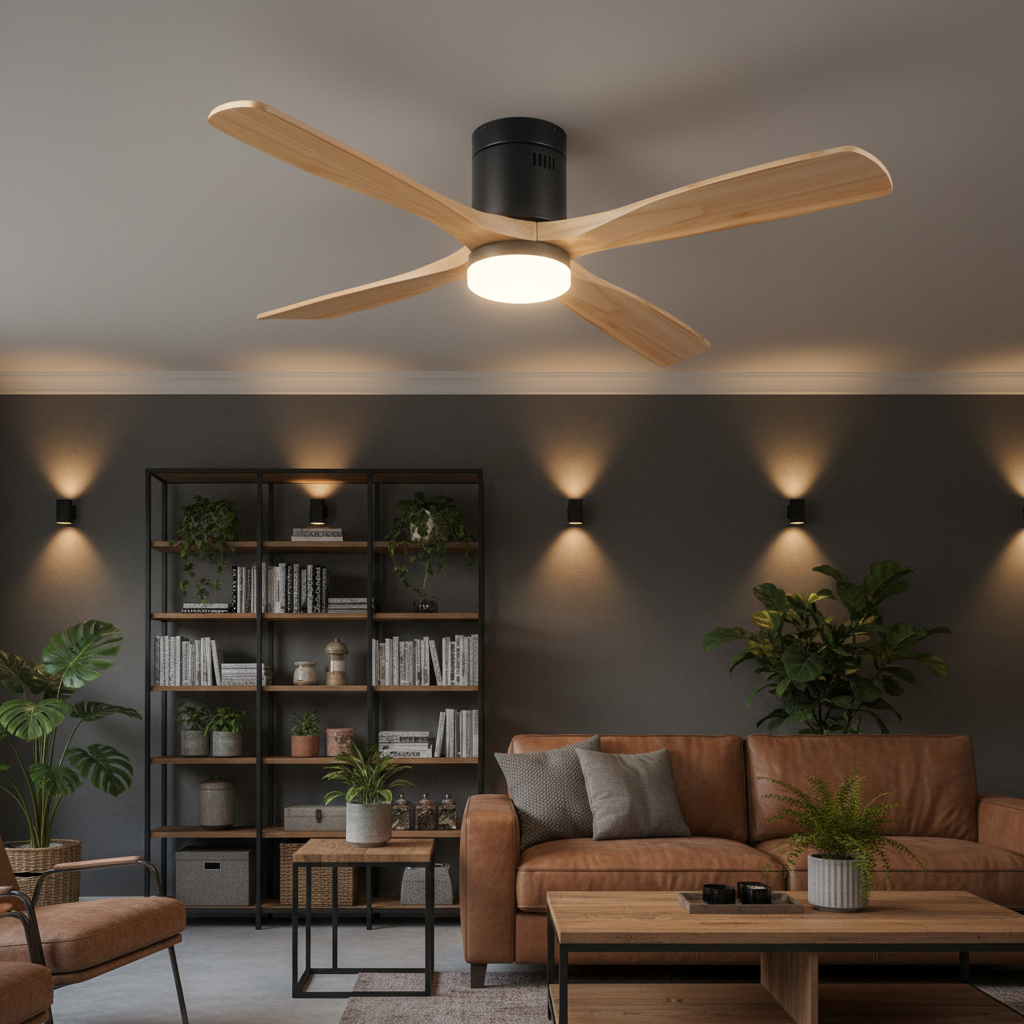 Ventilador de Techo LED Black Energy instalado en salón industrial chic con paredes gris oscuro