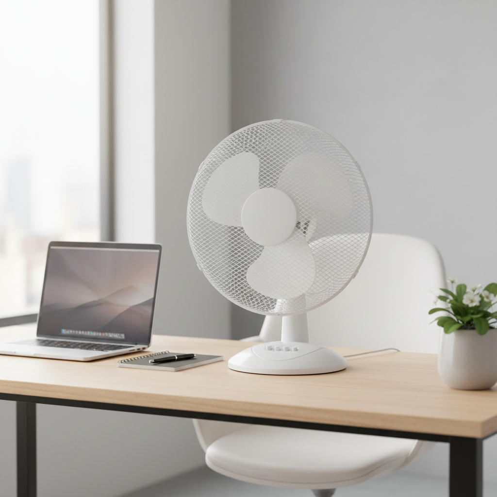 Ventilador de sobremesa Solano blanco sobre escritorio de home office con portátil y planta