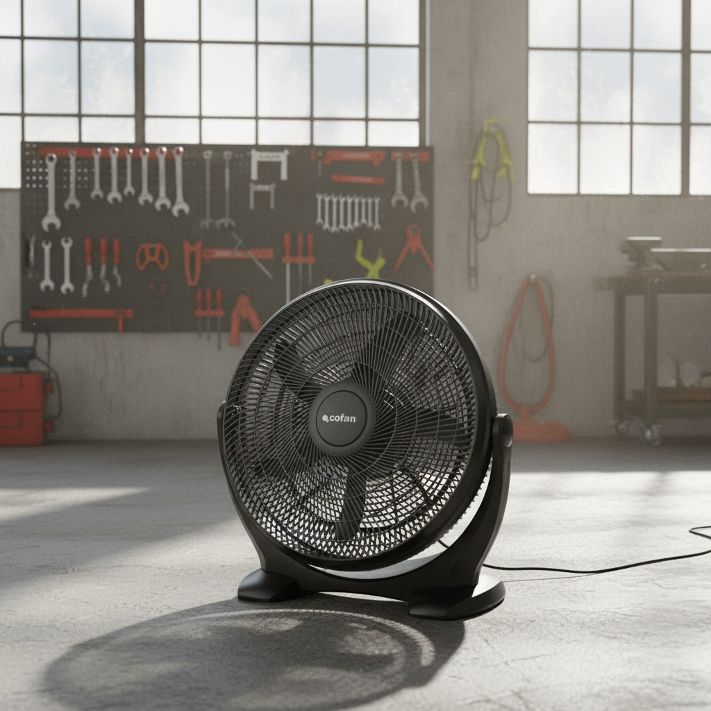 Ventilador industrial Toledano negro en taller con suelo de hormigón