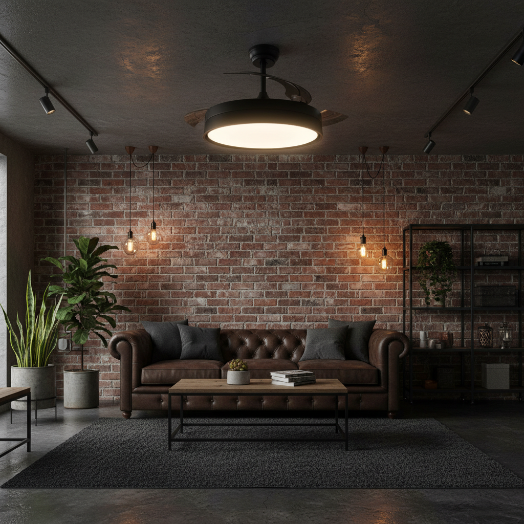 Ventilador de Techo LED Black Loki instalado en salón industrial oscuro con ladrillo visto