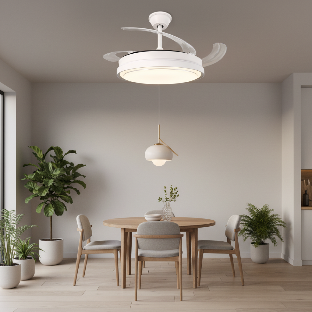 Ventilador de Techo LED White Hood instalado en comedor moderno contemporáneo