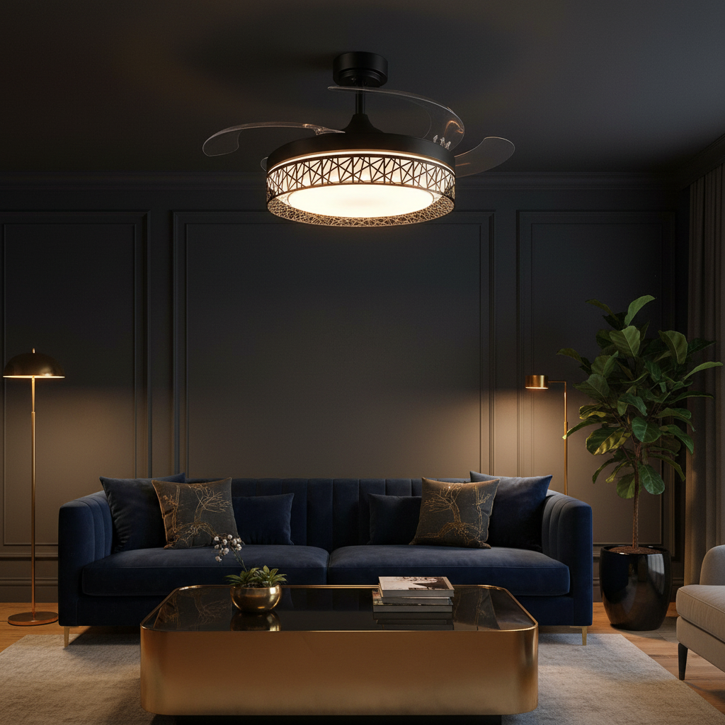 Ventilador de Techo LED Black Aqua instalado en salón oscuro sofisticado con toques dorados
