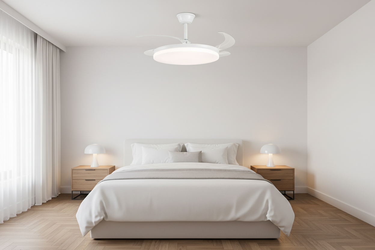 Ventilador Creta Blanco en dormitorio