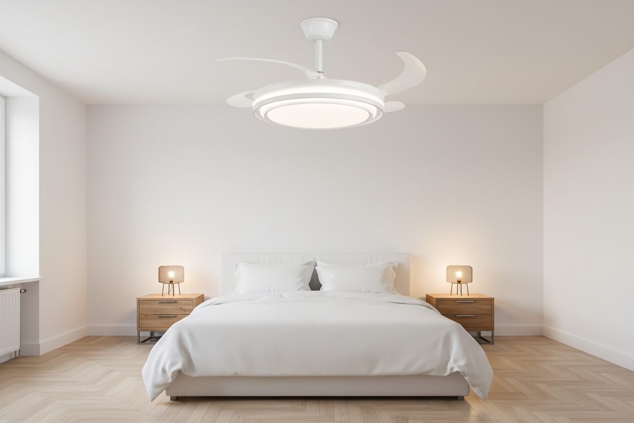 Ventilador Korfu Blanco instalado en dormitorio