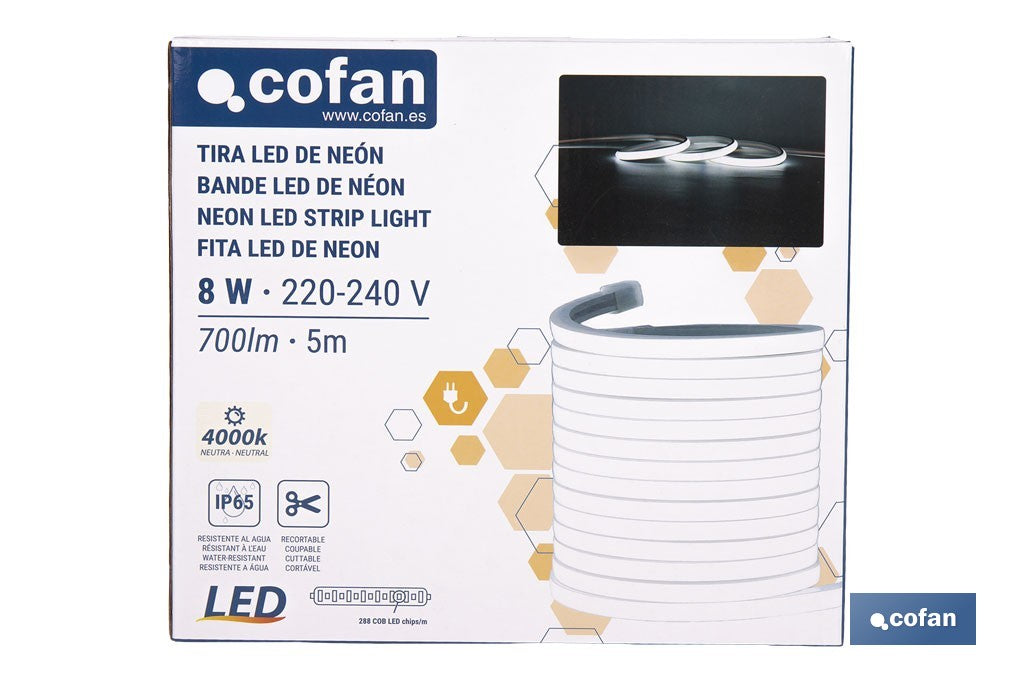 Tira Neón LED COB 220V 5m IP65 | Luz Continua 4000K